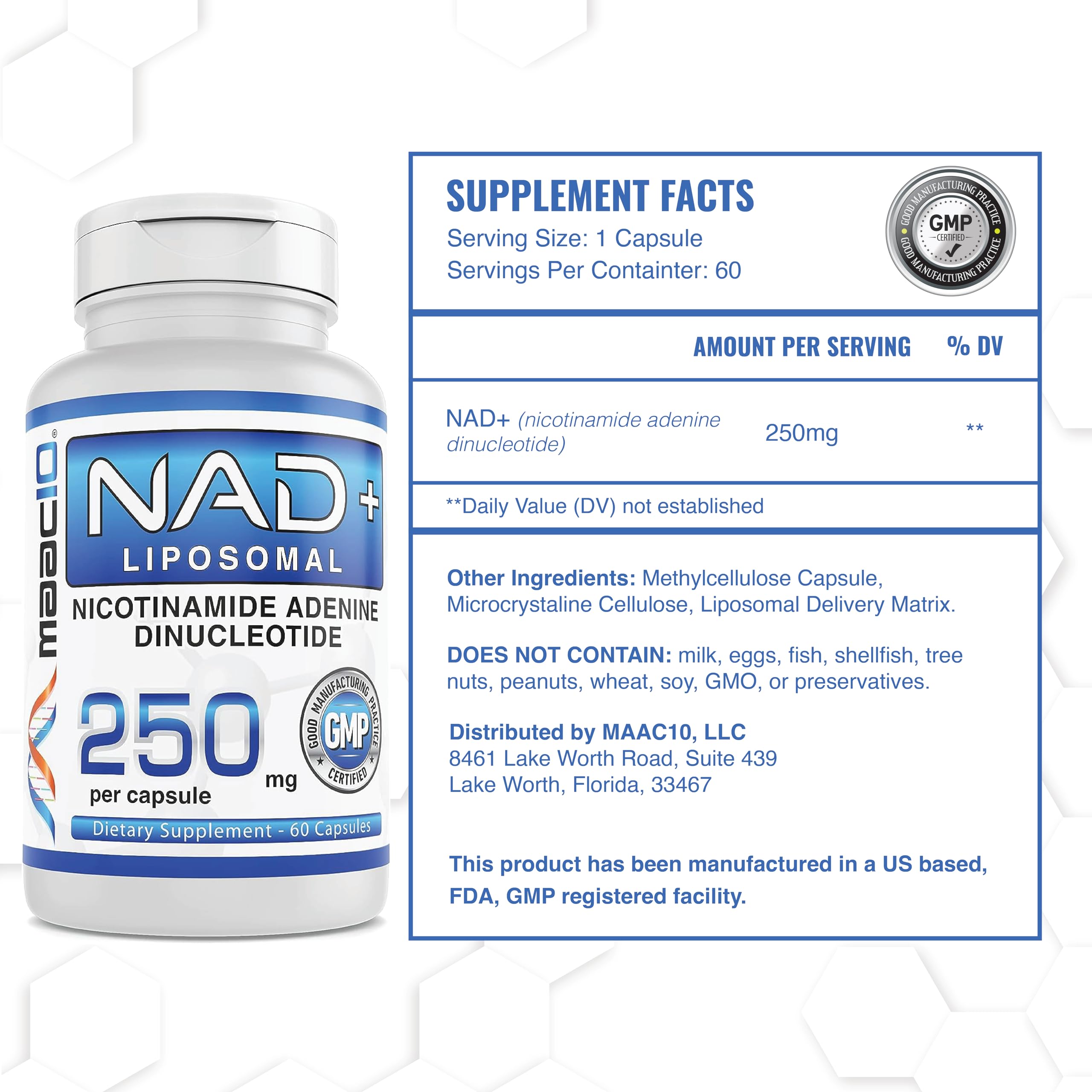 MAAC10 Liposomal NAD Supplement 500mg Serving (2x250mg Capsules) Actual Nicotinamide Adenine Dinucleotide