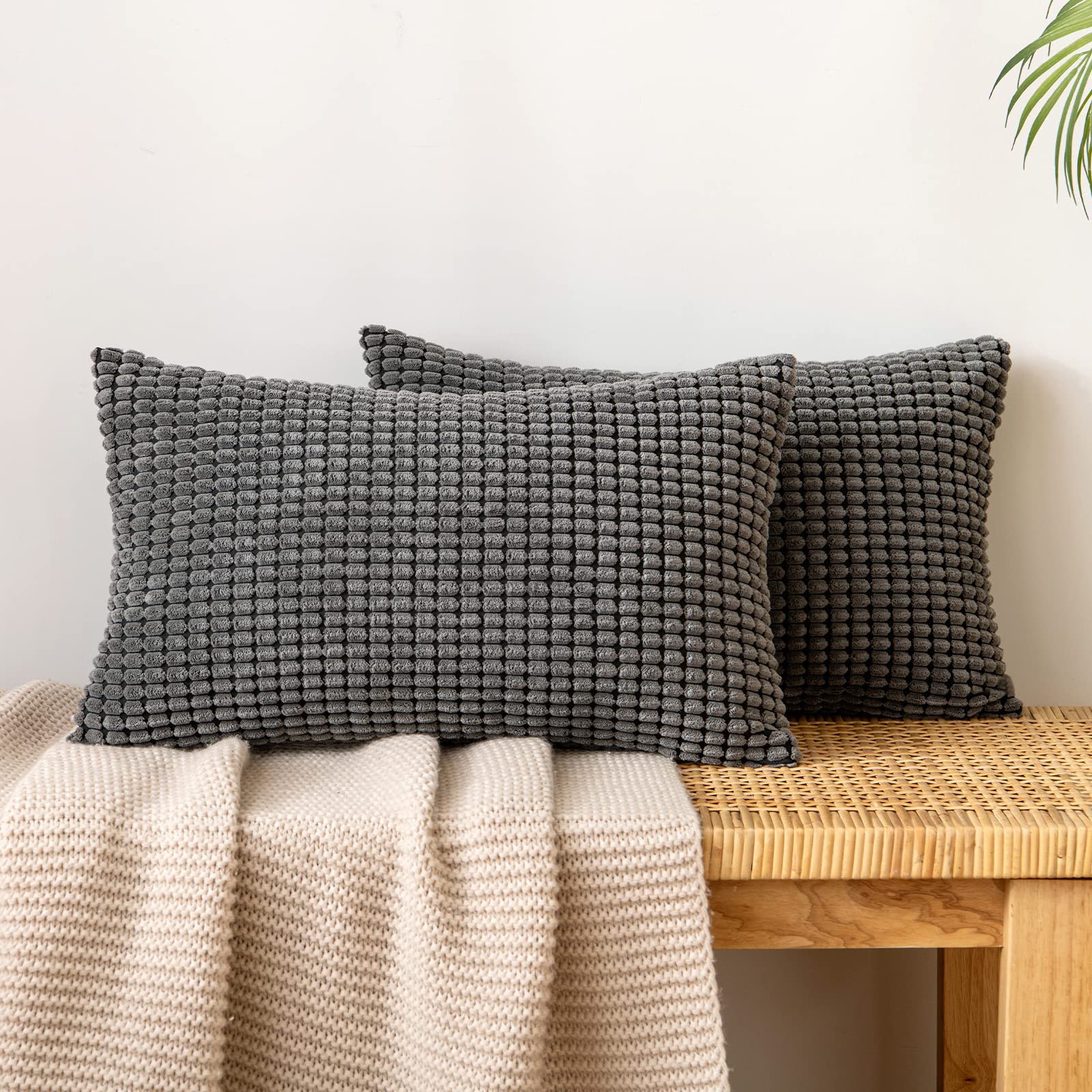 EMEMA Corduroy Granule Throw Pillow Covers Decorative Cushion Covers Square Soft Pellets Solid Pillowcase for Sofa Bedroom Grey 16x24 Inch 2 Pieces