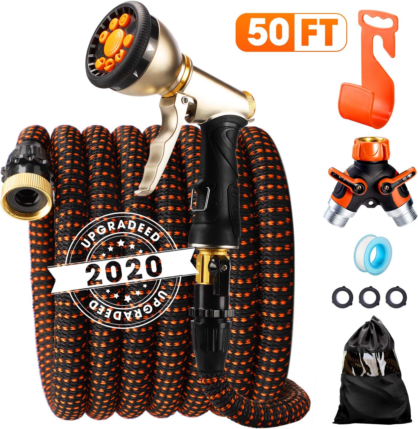 Delxo 2020 Upgrade 50FT Expandable Garden Hose Water Hose with 9-Function High-Pressure Spray Nozzle, Heavy Duty Flexible Hose, 3/4" Solid Brass Fittings Leakproof Design : Garden & Outdoor