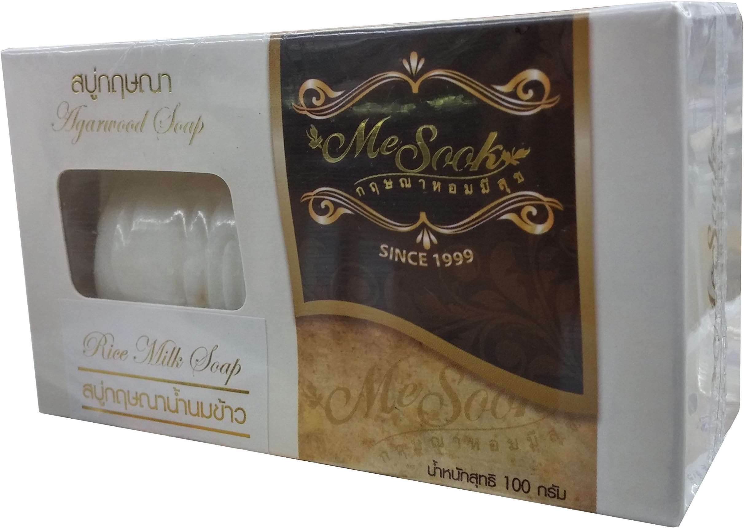 Agarwood Soap Bar with Rice Milk Brand Mesook. Thai Aromatherapy Essencesl Soap Bar Cleansing Conditioner for Family, Tralvel, and Sport Body Wash for Women and Man (Made with 100% Pure Essentail of Agarwood Oils) 1 Pcs.