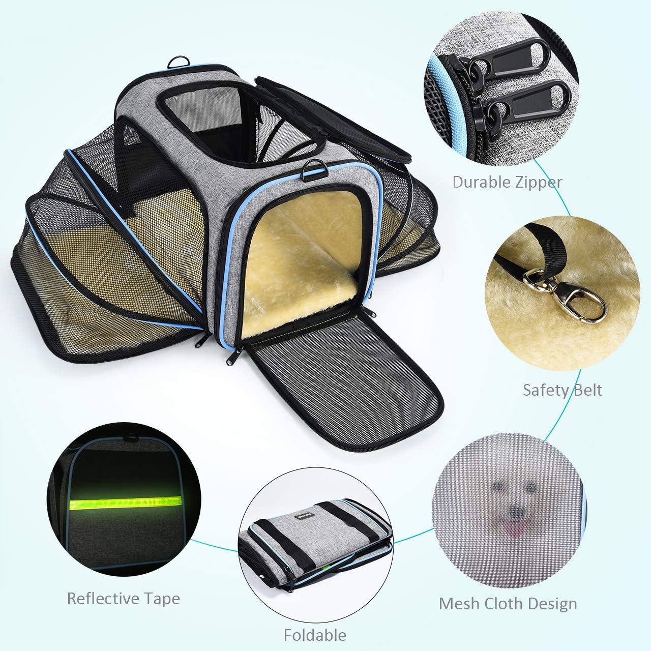 OMORC Pet Carrier Airline Approved, Expandable Foldable Soft-Sided Dog Carrier, 3 Open Doors, 2 Reflective Tapes, Pet Travel Bag Safe and Easy for Cats and Dogs (Grey) : Pet Supplies
