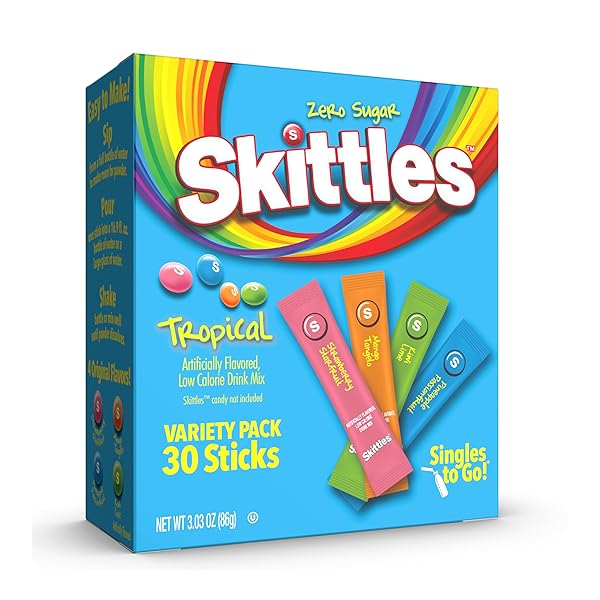 SKITTLES SINGLES TO GO TROPICAL VARIETY PACK, WATERTOK POWDERED DRINK MIX, INCLUDES 4 FLAVORS, STRAWBERRY STARFRUIT, MANGO TANGELO, KIWI LIME, PINEAPPLE PASSIONFRUIT, 1 BOX (30 SERVINGS)