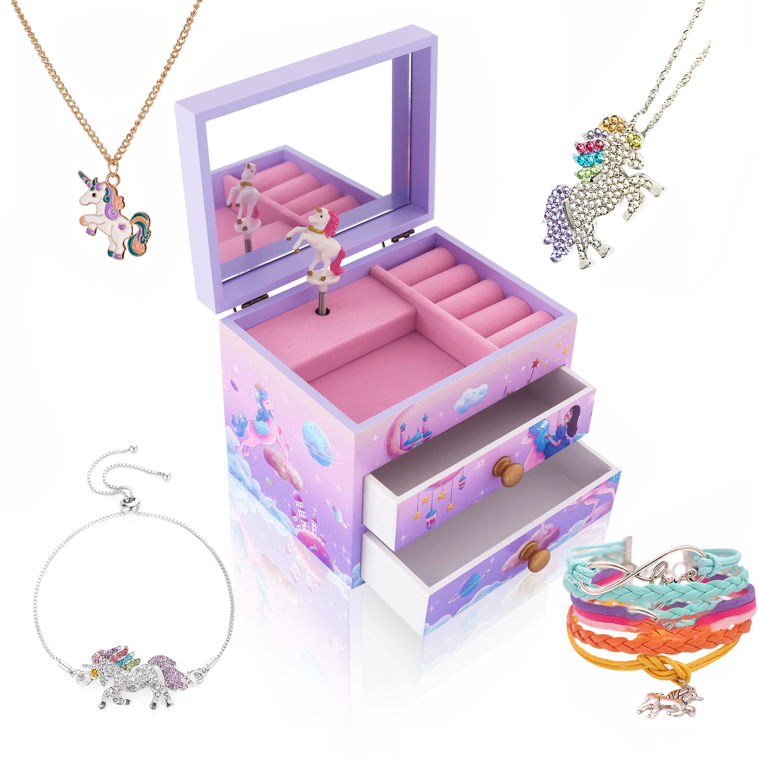 ZOOWING Girls Musical Jewelry Box Toys Gifts with Full Size Mirror and Unicorn Jewelry Set (Unicorn10)