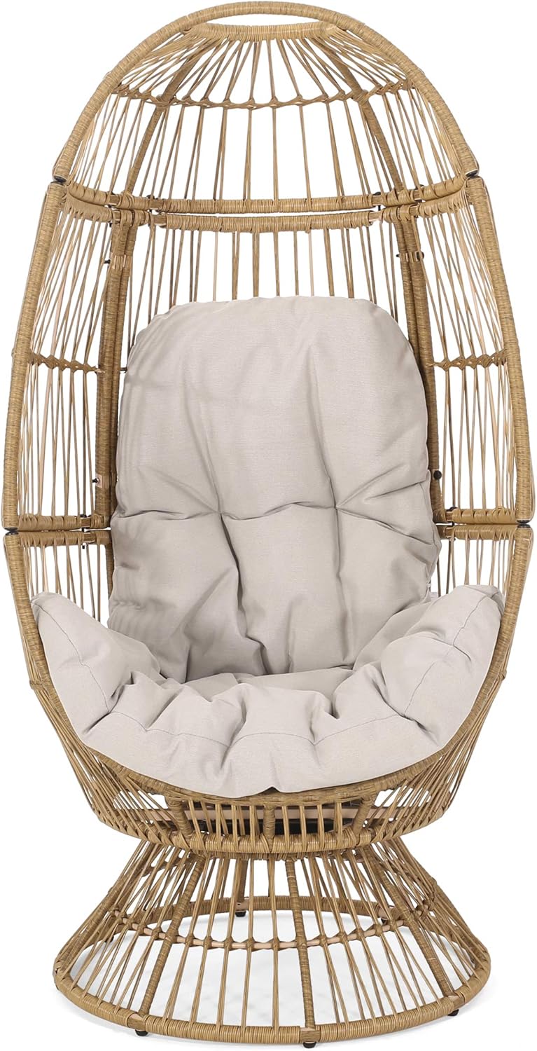Christopher Knight Home 311450 Ellen Outdoor Wicker Swivel Egg Chair with Cushion, Light Brown, Beige