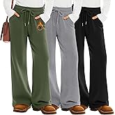 LessonZoo 3 Pack Girls' Fleece Sweatpants Wide Leg Drawstring Casual Kids Joggers Open Bottom Loose Teen Pants with Pockets
