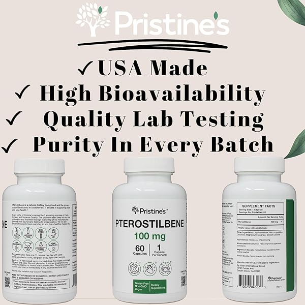 PRISTINE’S PTEROSTILBENE 100MG ANTI AGING SUPPLEMENT CAPSULES – 60 DAY SUPPLY – LUNG HEALTH & MENTAL CLARITY ANTIOXIDANT – HIGH BIOAVAILABILITY VEGAN NON GMO