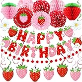 Strawberry Birthday Decorations for Girls, Red Pink White Strawberry Birthday Banner with Tissue Pom Poms Fans Honeycomb Balls Polka Dot Garland and Hanging Swirls Berry Hanging Decor Centerpieces
