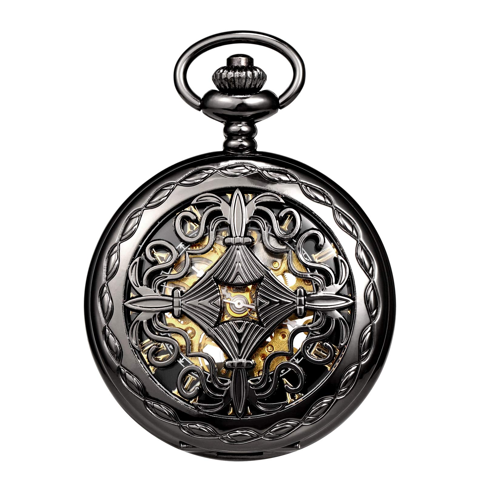 TREEWETO Mens Womens Pocket Watches Steampunk Black Copper Case Skeleton Mechanical Pocket Fob Watch