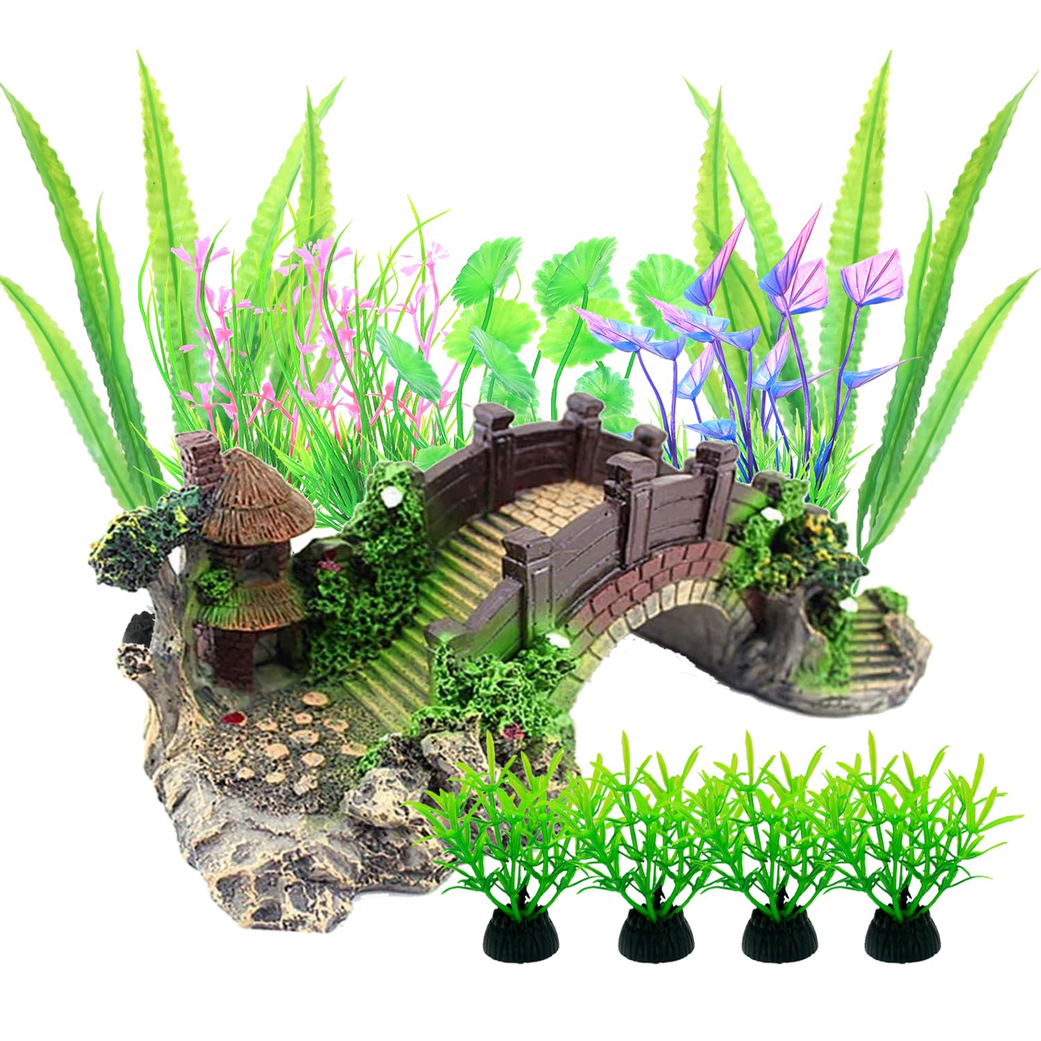 Kingrun Aquarium Ornament Plants with Resin Arch Bridge, 13pcs Green Aquariums Plants Plastic and Aquarium Decorative Pavilion Tree Bridge for Fish Tank Ornament Decoration