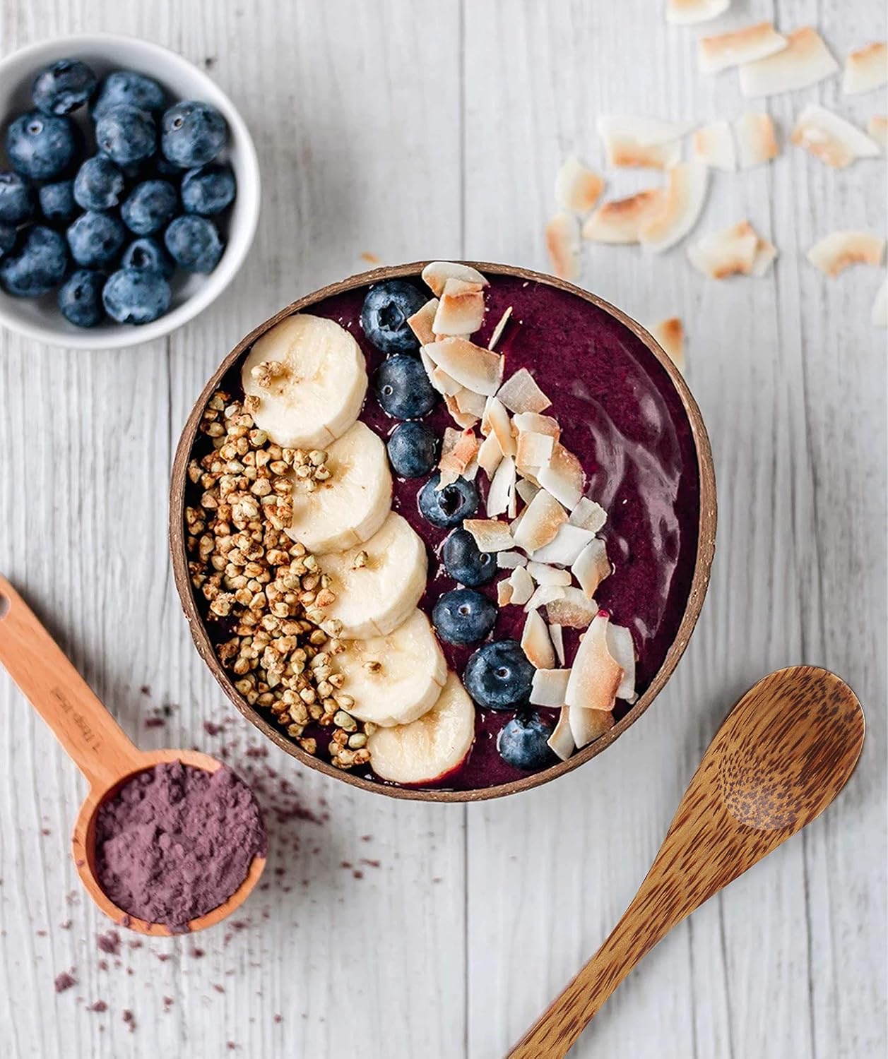 Coconut Bowls And Wooden Spoon Set | Vegan Organic Salad Smoothie Buddha Acai Bowl for Kitchen, Dining and Decoration (4): Kitchen & Dining