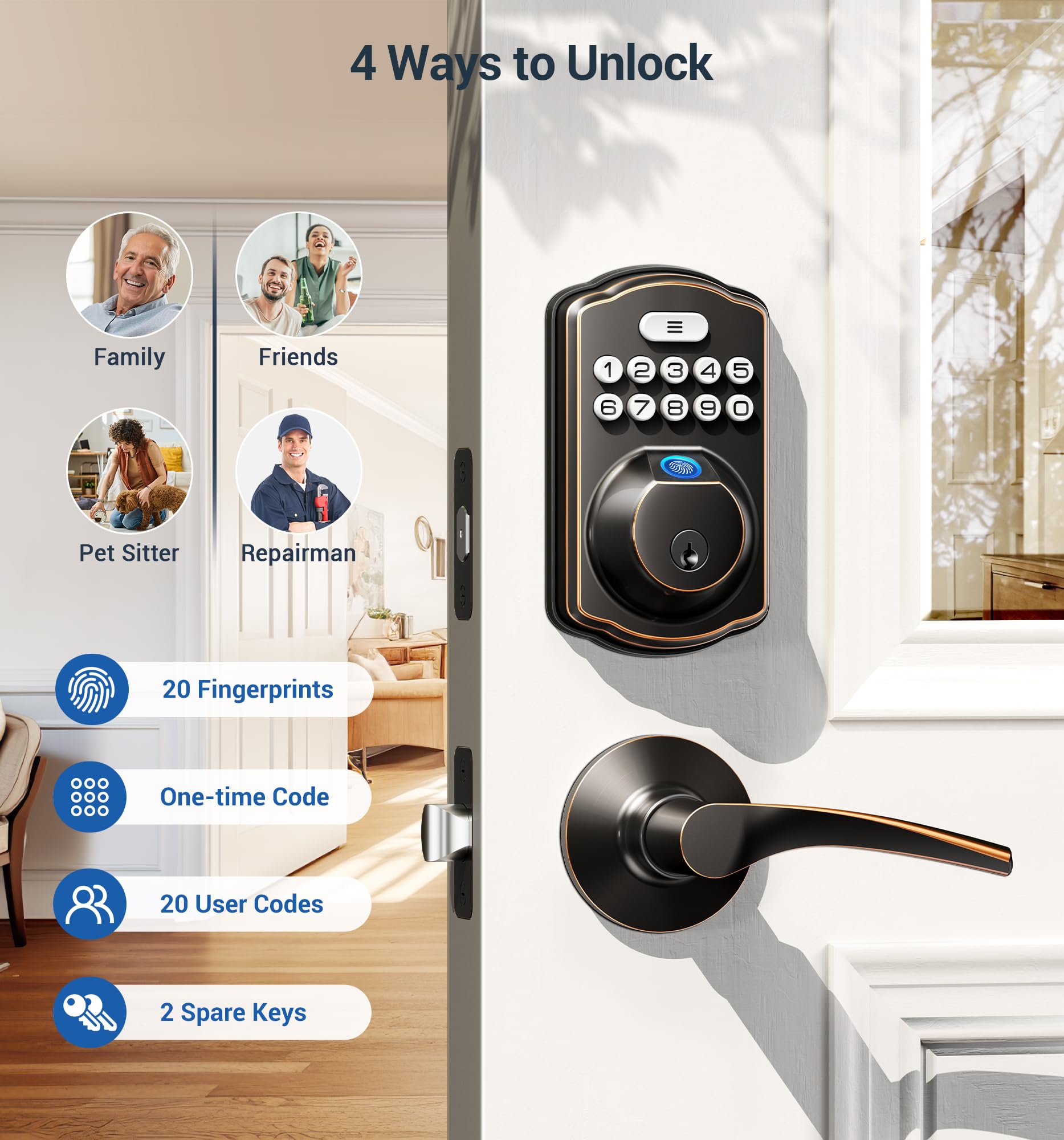 Veise Fingerprint Door Lock with 2 Lever Handles - Keyless Entry Door Lock, Electronic Keypad Deadbolt, Digital Smart Code & Front Handle Sets, Auto-Locking, Easy Installation, Oil Rubbed Bronze