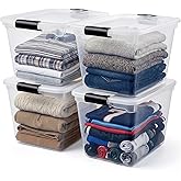 HOMZ Clear Plastic Storage Bins with Latching Lids, 31 Qt, Gray, 4 Pack | Stackable Container Set for Home, Office Shelves, Kitchen, Garage, and Bathroom Organization
