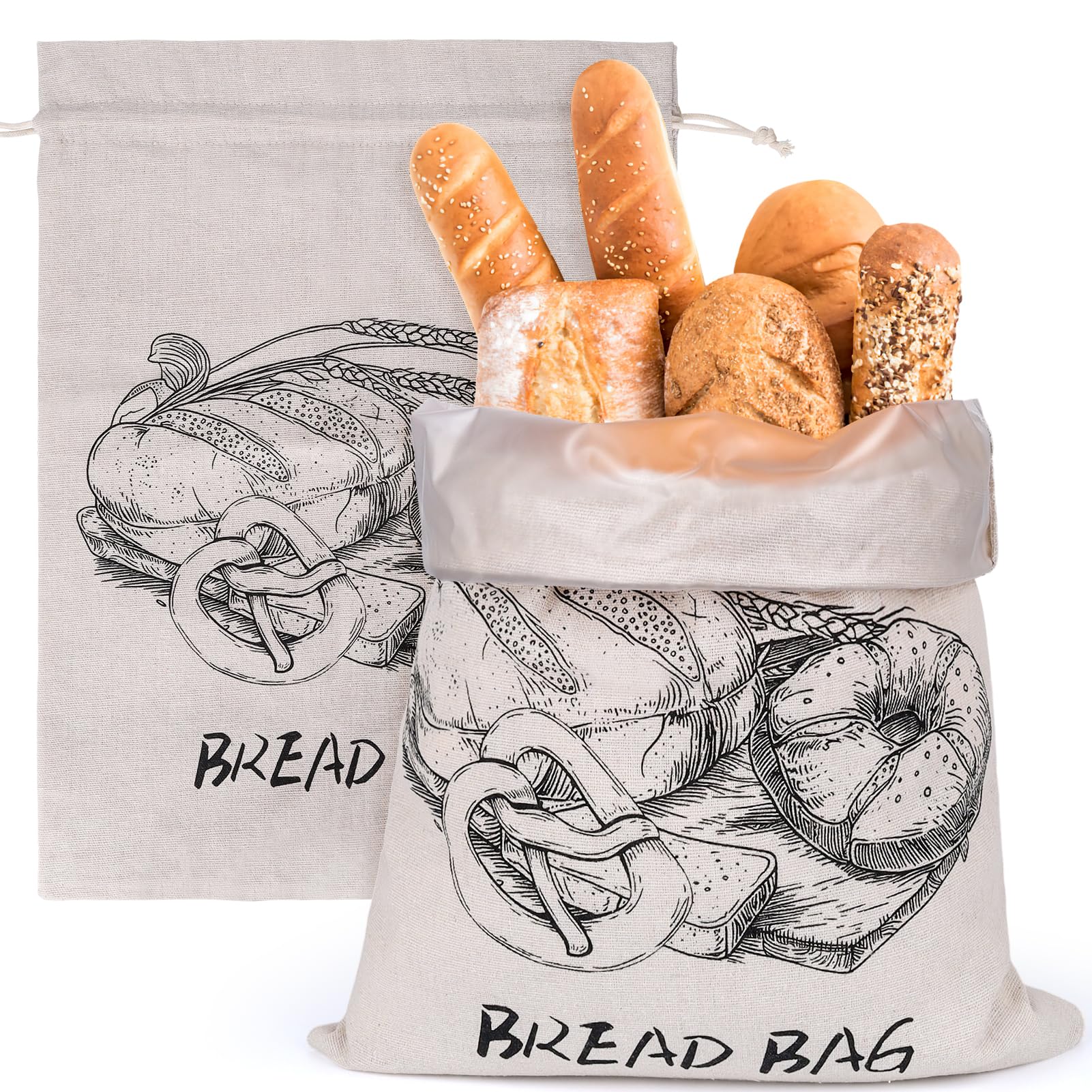 Musiwanna Plastic Lined Linen Bread Bags for Homemade Bread, 2 Pack 43×33cm, Storage Bags with Plastic Lining to Keep Fresh, BreadContainer for Fresh Homemade SourdoughBread and Rolls