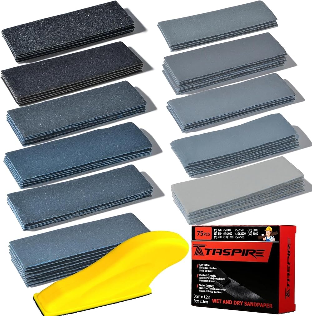 Taspire Wet and Dry Sandpaper 120-5000 Grit 75 Pieces 9 x 3 cm