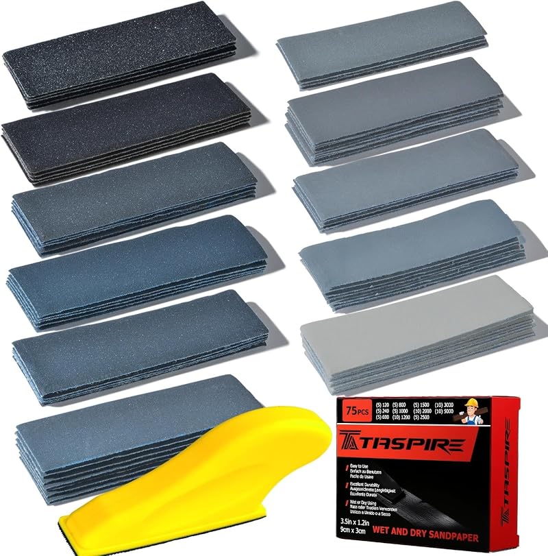 Taspire Wet and Dry Sandpaper 120-5000 Grit 75 Pieces 9 x 3 cm