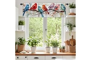 DOTOOMA Vibrant Colorful Birds Window Valance Branch Watercolor Art Print Retro Cute Semi Sheer Topper Curtains Voile Treatme