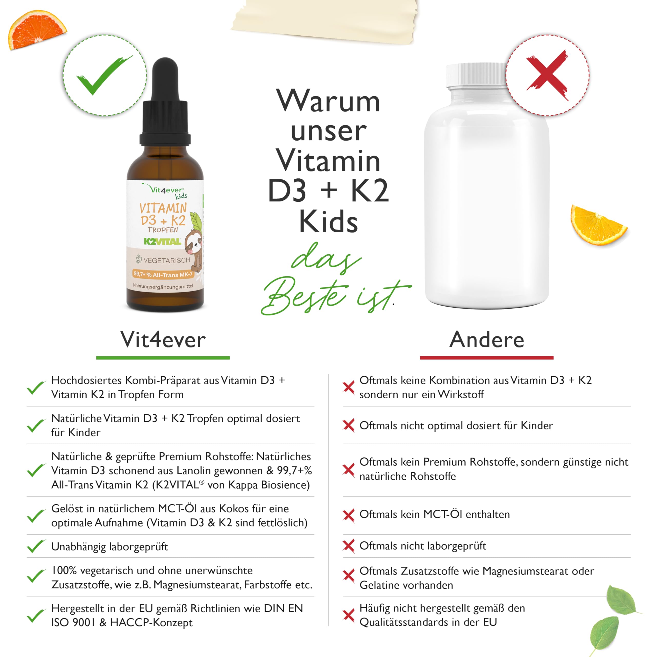 vit4ever Vitamin D3 K2 Tropfen für Kinder für 300 Tage (10 Monate) - 500 I.E. Vitamin D & 25 μg Vitamin K2 - Hoch bioverfügbar durch Original K2VITAL® - Ohne schädliche Zusätze - Vitamine für Kids 3