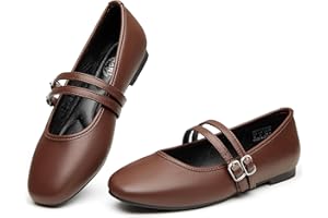 Trary Mary Jane Shoes Women Square Toe Flats for Women Dressy Ballet Flat Mary Jane Flats with Buckle Strap Comfortable Slip On Casual Shoes