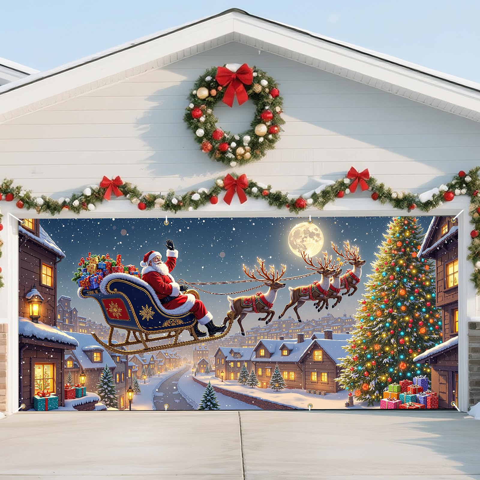 Photo 1 of 16 x 7FT Christmas Garage Door Banner, Santa Claus Riding Reindeer Departing Garage Backdrop - Christmas Party Decoration,Party Decor, Indoor/Outdoor Wall Art