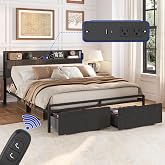 FLEXISPOT Adjustable Bed Base with Storage Headboard &amp; Charging Station | Adjustable Head Incline, 600 lbs Capacity, Wired Remote, Led Light, Ample Storage Space, Whisper Motor, No Box Spring Needed