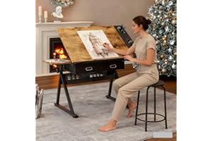 Roockky Drafting Table for Artists, Height Adjustable Drawing Table with Stool, Art Table Painting Table Art Craft Desk with 0-75° Tilting Wood Tabletop and Storage for Home Office, Rustic