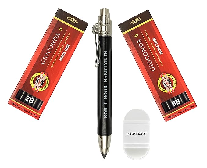 Koh-I-Noor 5311 Metall Druckbleistift 5,6 mm Schwarz + 2 Set Koh I Noor Graphitmine 2B / 6B + intervisio Anspitzer / Radiergu