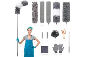 SNOPIC 12pcs Microfiber Dusters, Duster with Extension Pole(Stainless Steel) 30 to 100'', Washable Dusters, Bendable Extendable Long Feather Duster for Cleaning Fan, High Ceiling, Blinds, Furniture, Cars