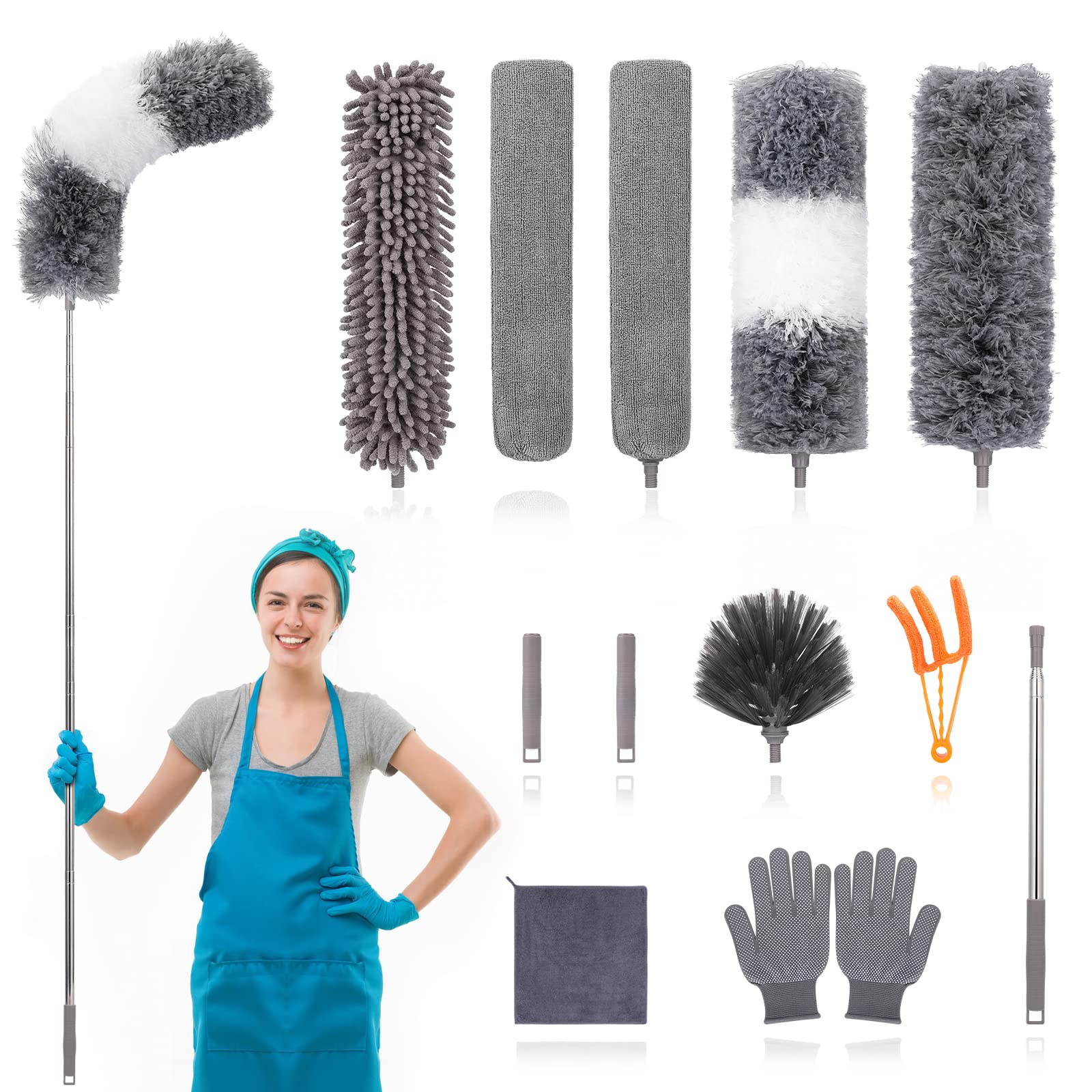 Photo 1 of 12pcs Microfiber Dusters, Duster with Extension Pole(Stainless Steel) 30 to 100'', Washable Dusters, Bendable Extendable Long Feather Duster for Cleaning Fan, High Ceiling, Blinds, Furniture, Cars