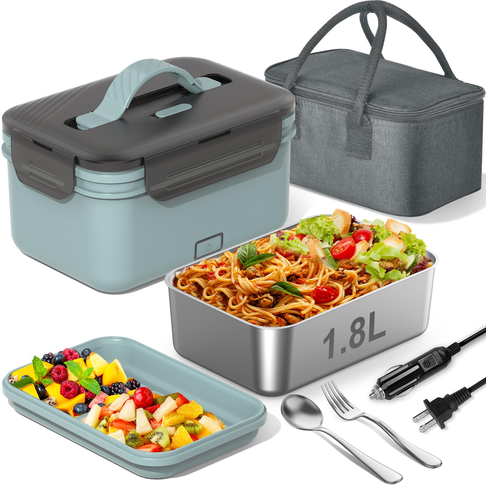 Photo 1 of Electric Heated Lunch Box for Car, Truck, Home – 1.8L 100W Portable Food Warmer with 12V/24V/110V/220V Plug – Stainless Steel Leakproof Container – Hot Meal Solution for Work, Travel, Jobsite, Camping