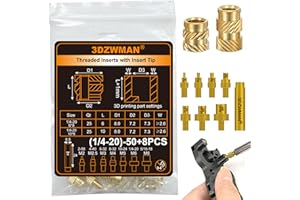 3DZWMAN 1/4-20 Threaded Inserts with 8PCS Heat Set Insert Tools,Brass UNC knurled Nuts for 3D Printing Components and Plastic Parts(1/4-20 * 6 * 8-25Pcs and 1/4-20 * 10 * 8-25Pcs)
