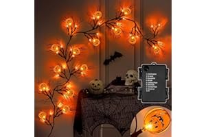 LEASEN [ 8 Modes & Timer ] 6 Ft 45 LED Halloween Willow Vine Twig Garland Decorations with 15 Pumpkins Orange Lights, Battery Operated Waterproof Halloween Decorations for Home Wall Mantle Fireplace Decor