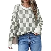 Uyvora Women's Winter Oversized Sweaters Checkered Crewneck Color Block Batwing Long Sleeve Ribbed Knit Side Slit Pullover