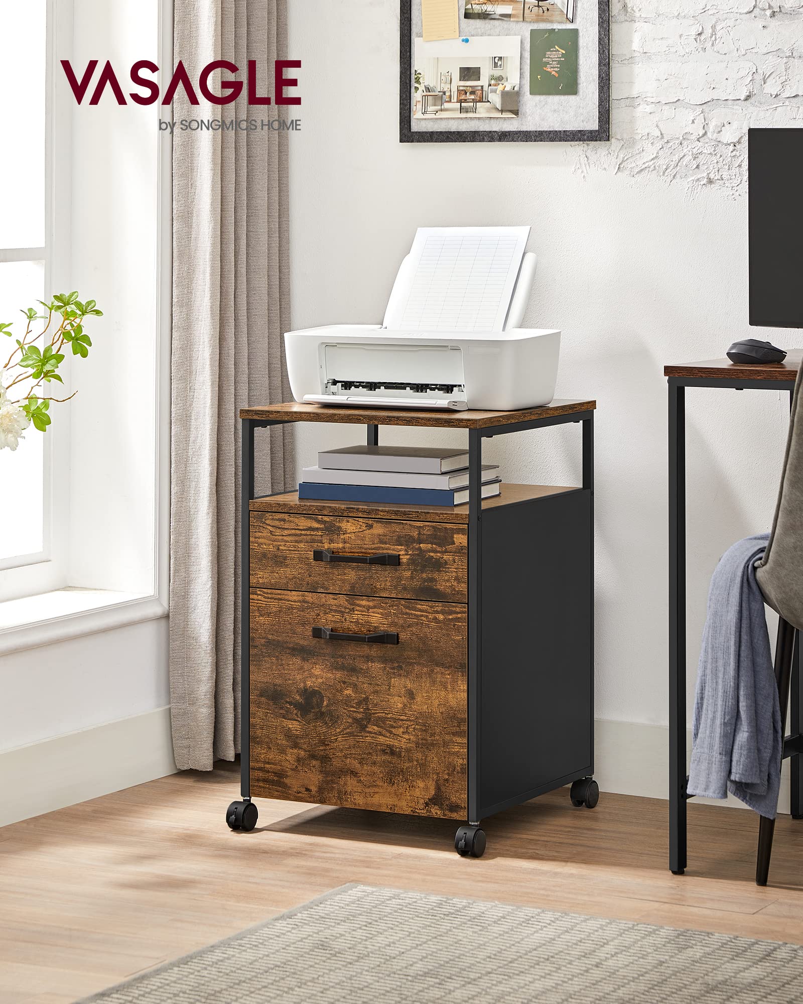 VASAGLE File Cabinet, Mobile Filing Cabinet with Wheels, 2 Drawers, Open Shelf, for A4, Letter Size, Hanging File Folders, Rustic Brown and Ink Black UOFC71X