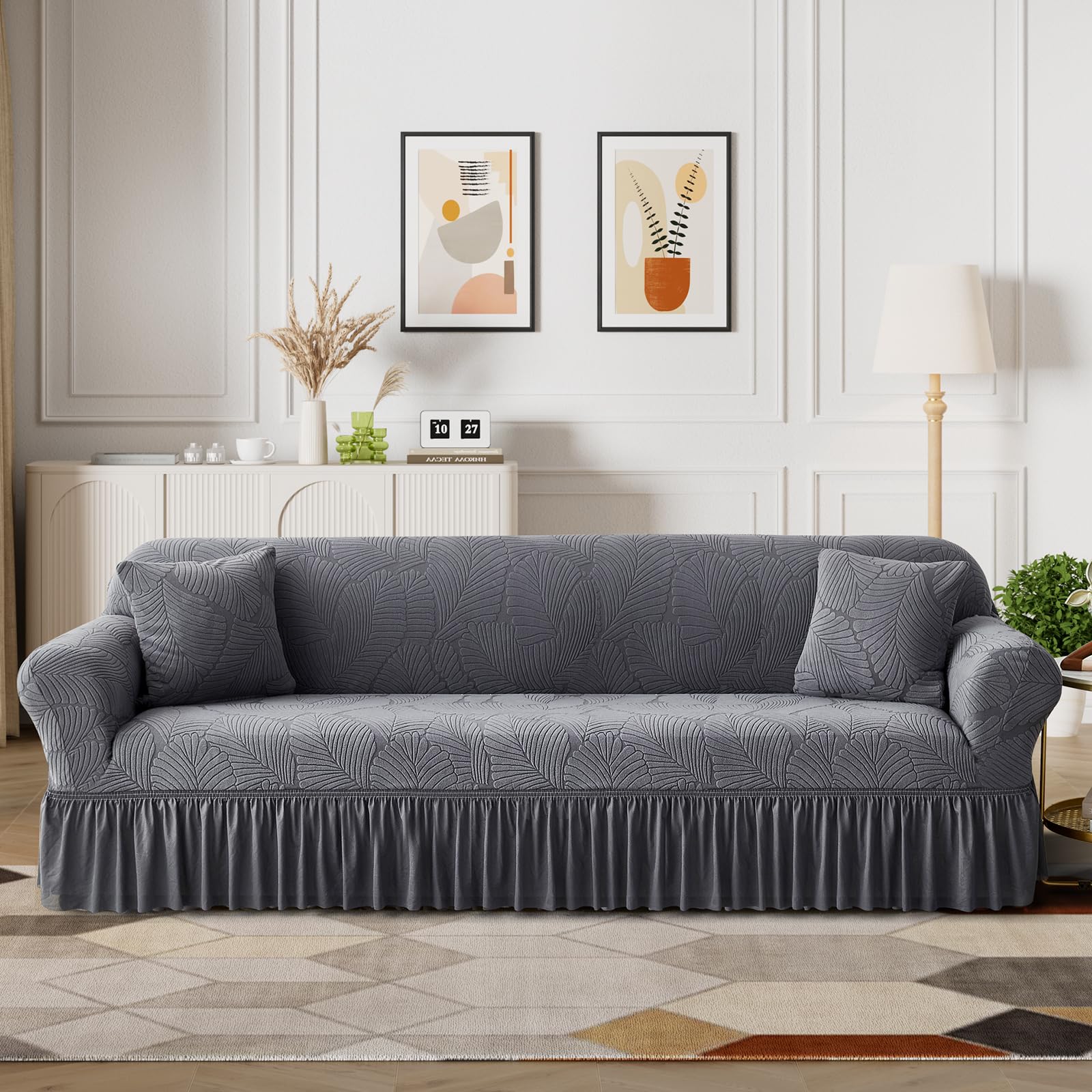 Photo 1 of WONGS BEDDING Stretch Velvet Sofa Slipcover, Cushion Couch Cover with Skirt, Pet Friendly Durable Washable Stretchable, Easy Fit Universal Furniture Protector, (75"-91",Dark Gray)