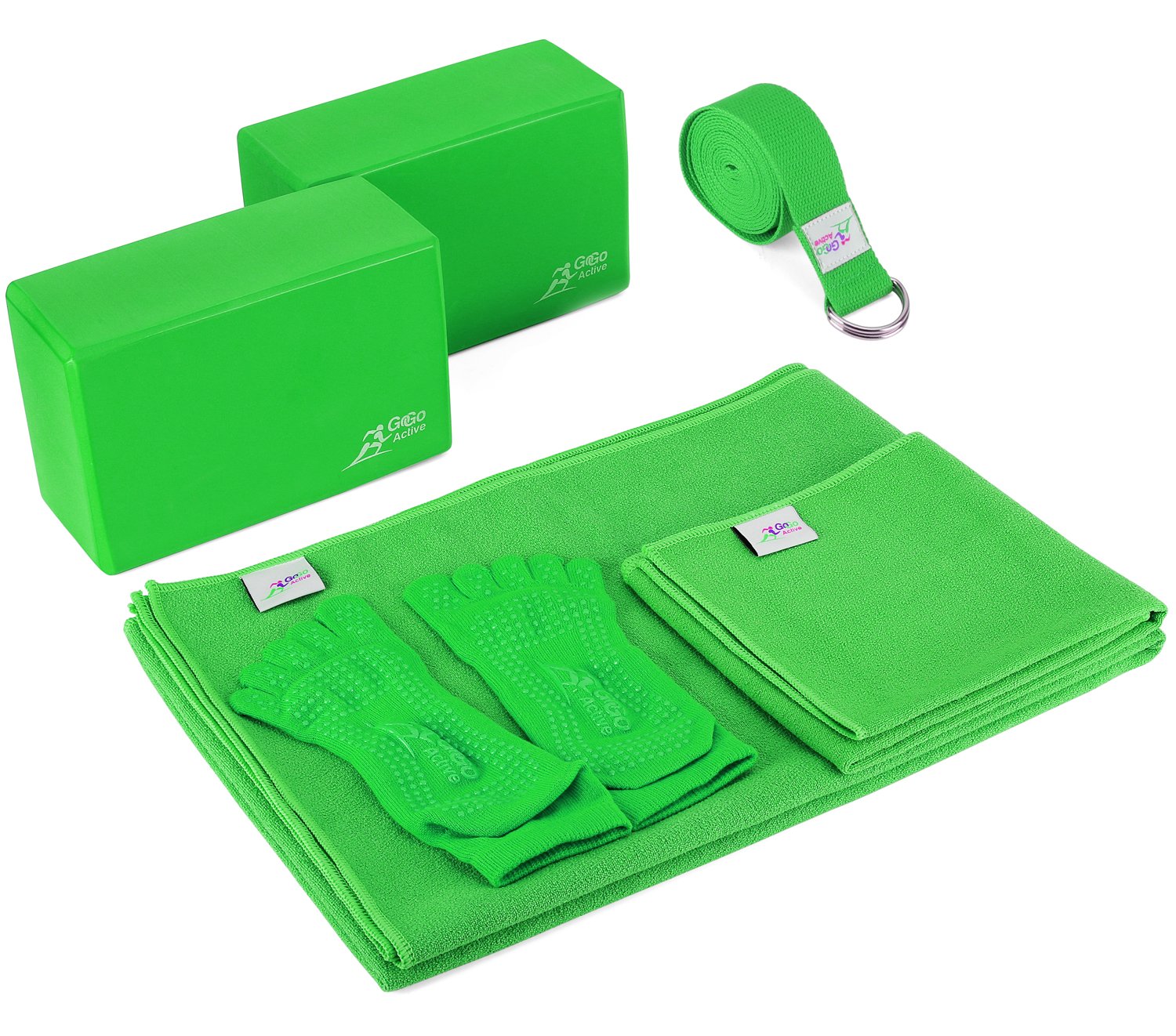 Go Go Active Yoga Accessories Set - Includes 2 Yoga Blocks, 1 Microfiber Non Slip Mat Towel 72X24, 1 Microfiber Hand Towel 24X15, 1 Yoga Strap, 1 Pair of Yoga Socks (Green)
