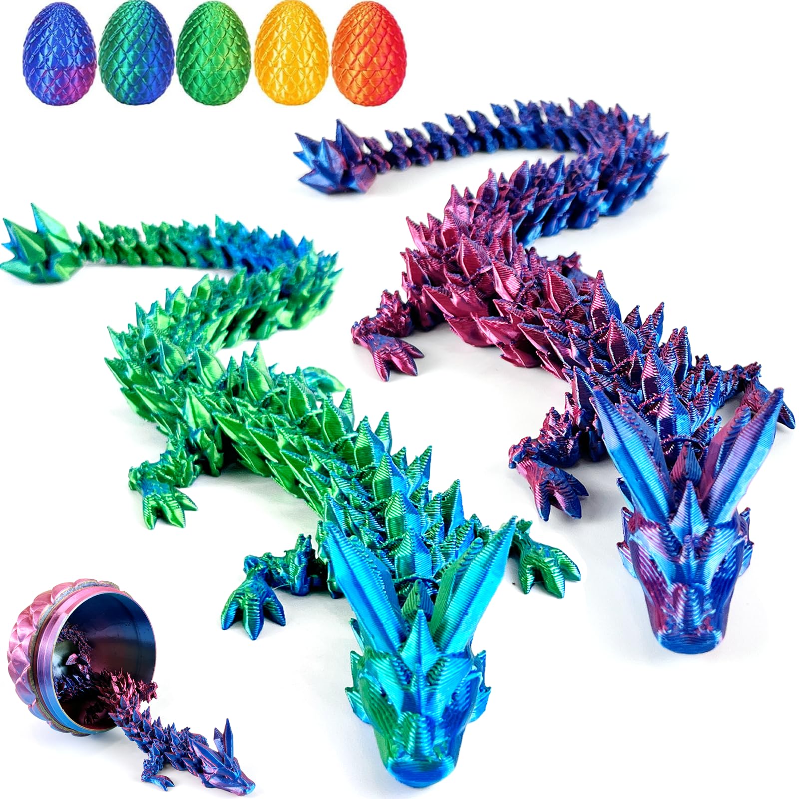 Tangdudu 2PC 3D Printed Dragon in Egg, 23CM Dragon, Dragon Fidget Toy, Fully Articulated Crystal Dragon with Egg, Easter Egg Hunt Toy, Flexible Joints Home Decor Executive Desk Toys