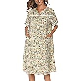 YOZLY House Dress Womens Embroidered Housecoat Short Sleeve Duster Robe with Front Pockets S-3XL