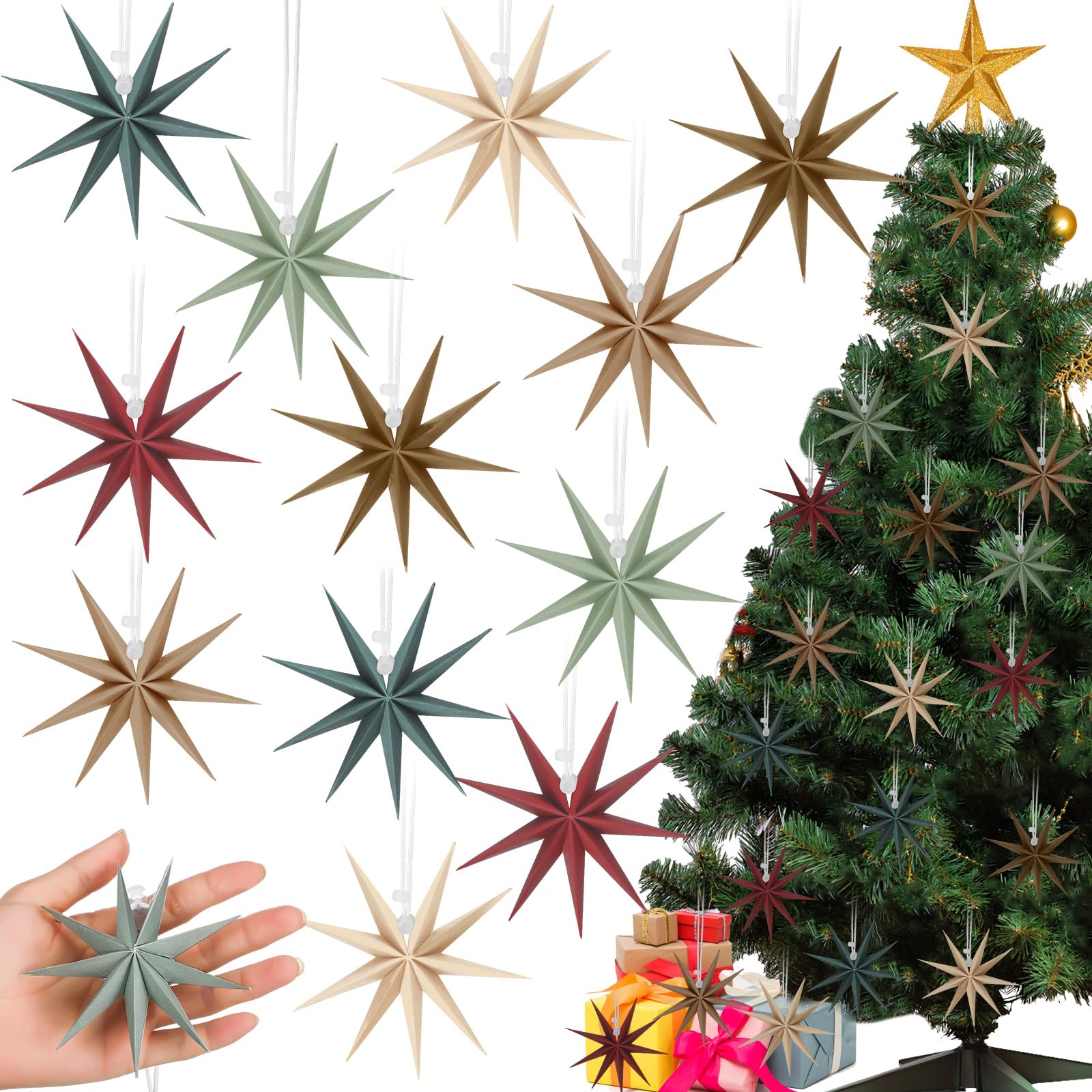 Photo 1 of 12 Pcs 3D Mini Star Ornament Christmas Tree Star Ornaments Hanging Paper Star Decorations Colorful Hanging Ornament Mini Tree Hanging Pendant Decoration for Christmas Tree