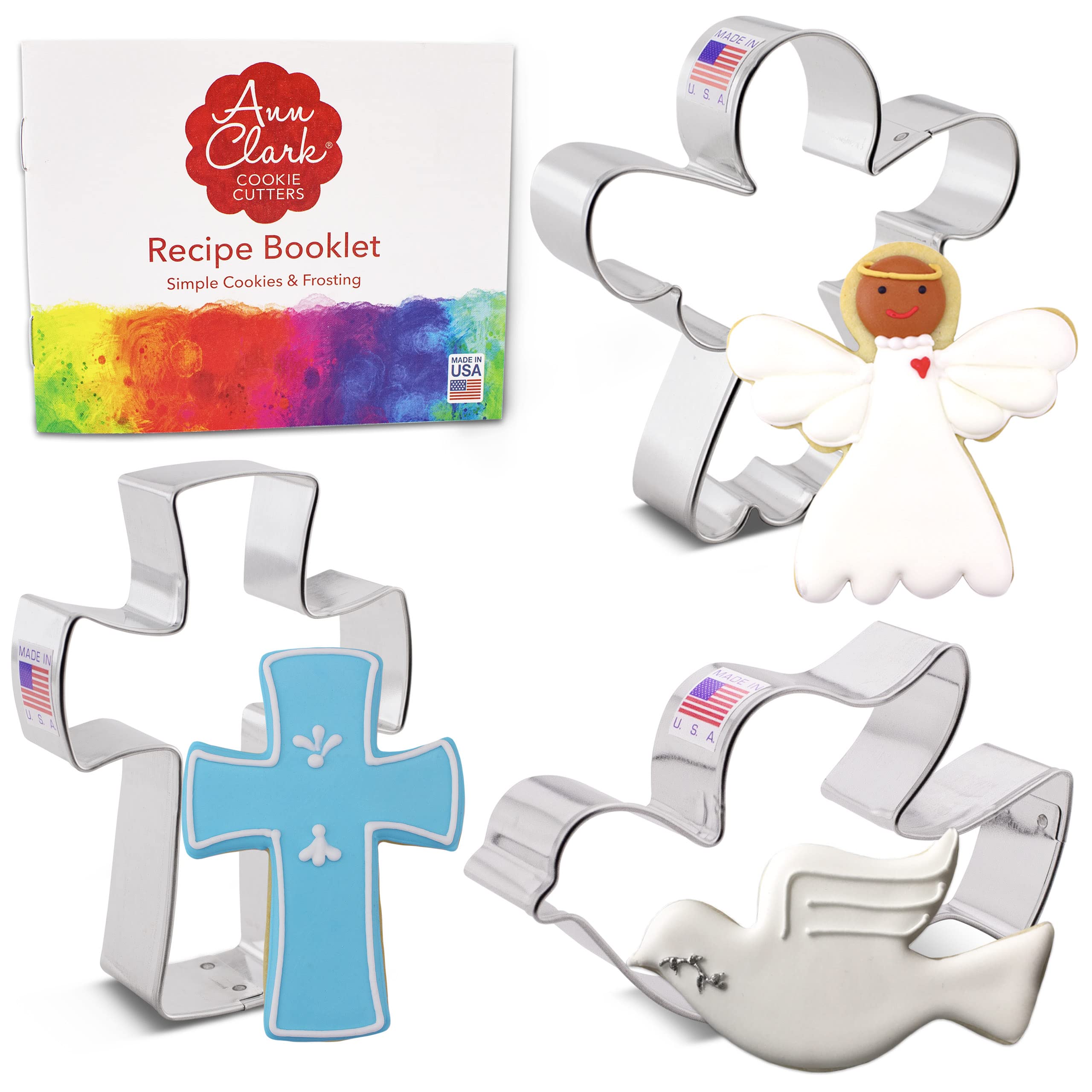 Religious Christmas Cookie Cutters 3-Pc. Set Made in USA by Ann Clark, Angel, Cross, Dove