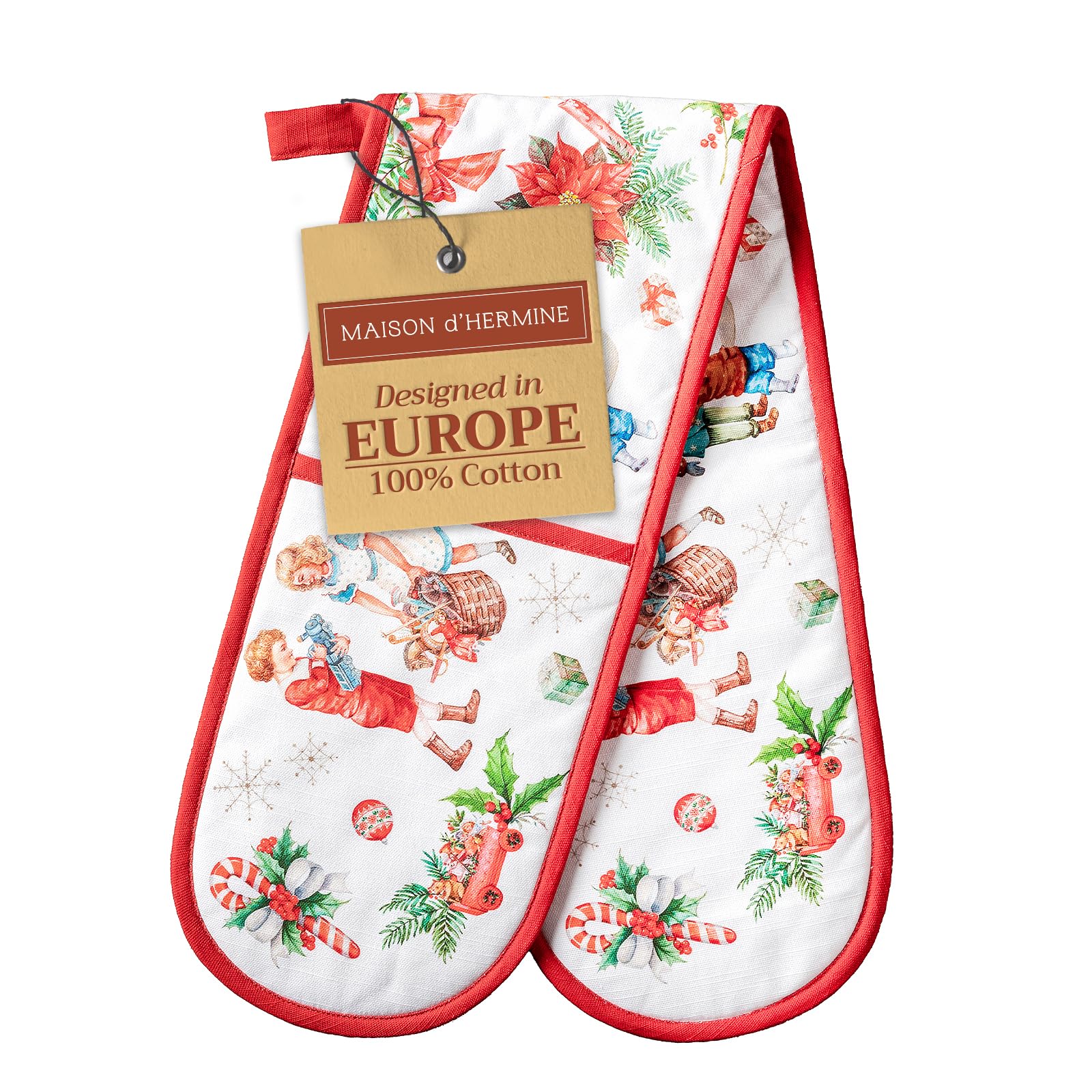 Maison d' Hermine Double Oven Mitt (18 cm x 89 cm) 100% Cotton Heat Resistant BBQ Cooking Gloves with Loop for Christmas Decorations Baking Cooking Barbeque Handling Hot Pan (Chromo)