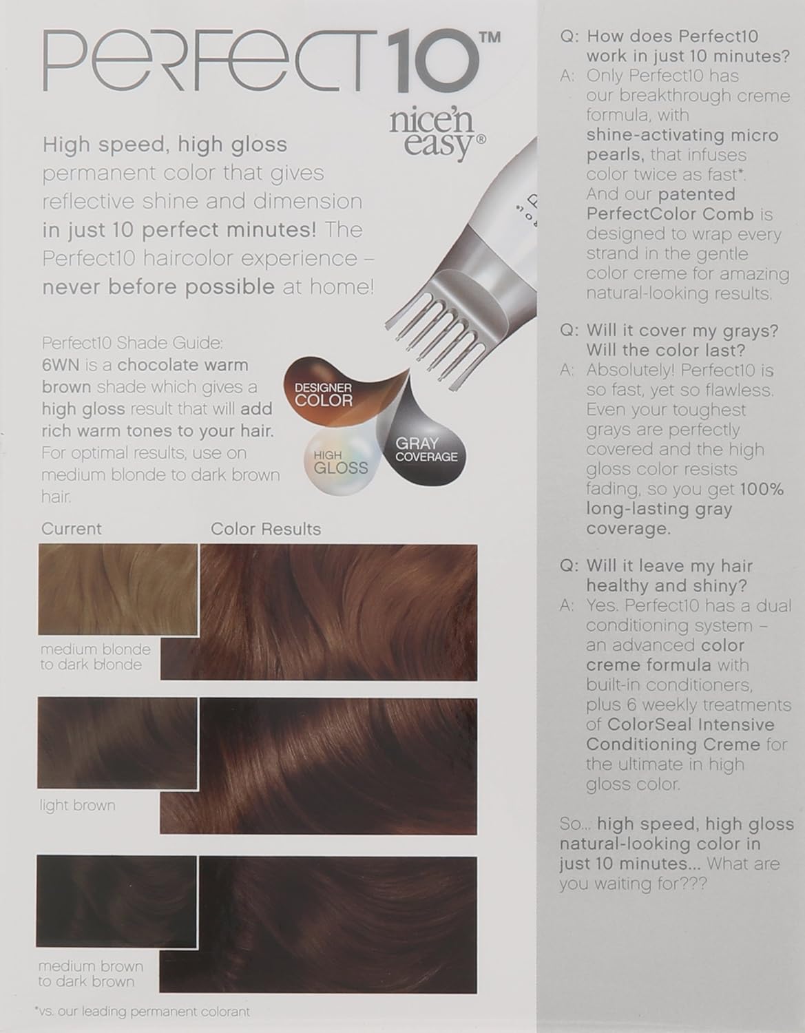 Clairol Nice'n Easy Perfect 10 Permanent Hair Color, 6WN Light Chocolate Brown, Pack of 1 : Chemical Hair Dyes : Beauty