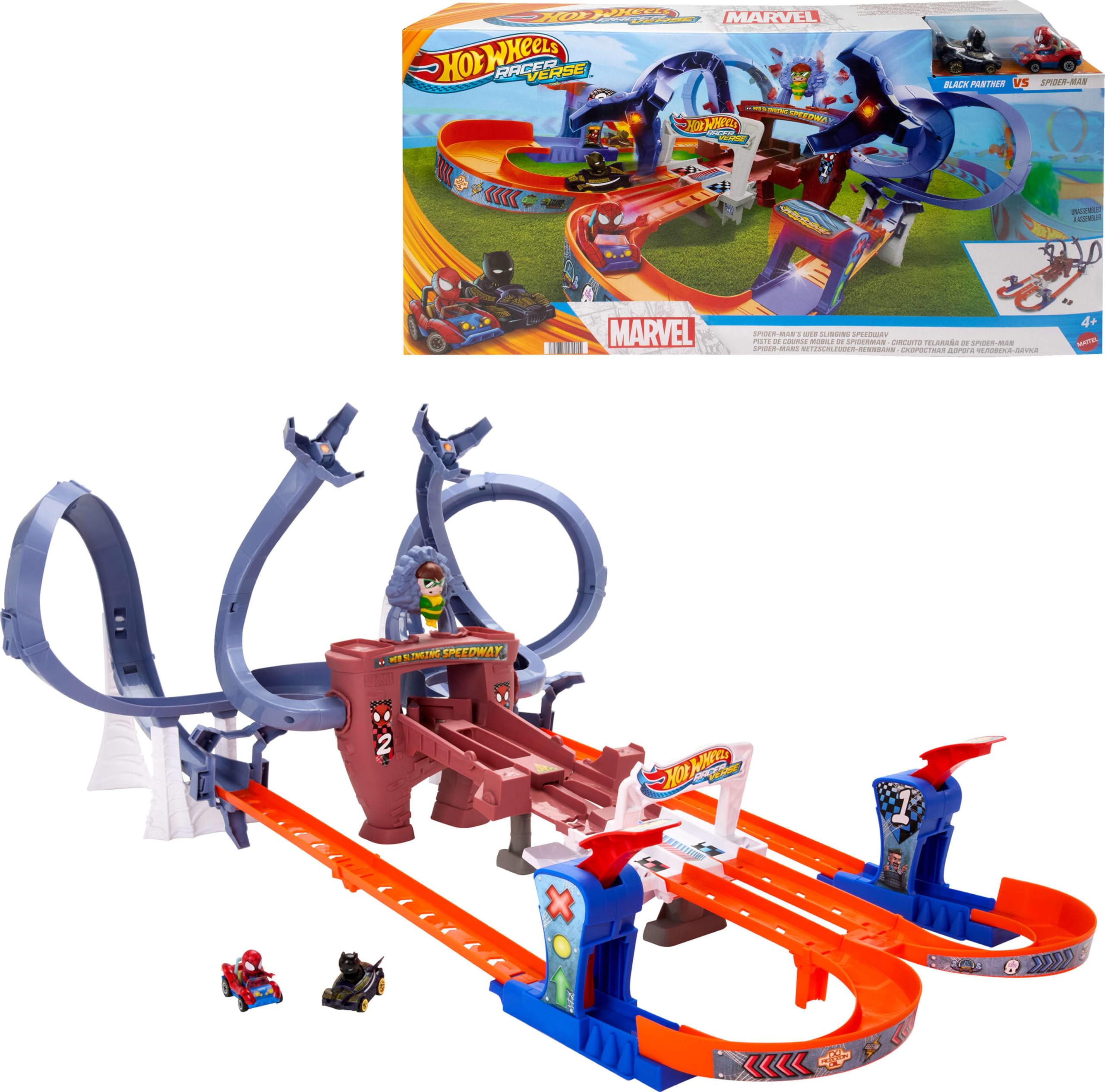 Hot Wheels RacerVerse Spider-Man’s Web-Slinging Speedway Track Set with Hot Wheels Racers Spider-Man & Black Panther, Multi-Lap Race to Escape Doc Ock, HTM08 — image 1