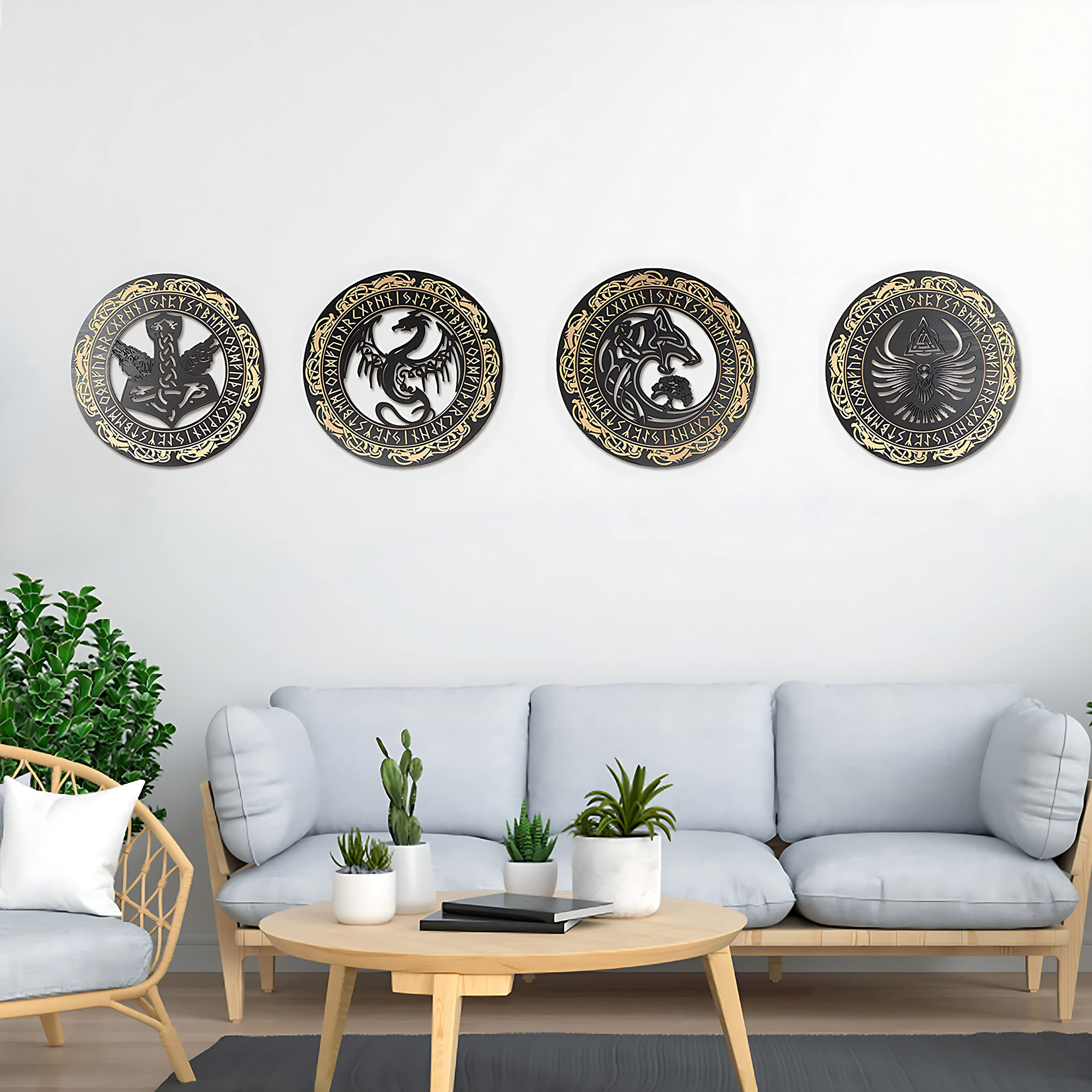 Arsey 4 Pack Viking Wooden Wall Art Nordic Thor's Hammer Wolf Fenrir Dragon Tree of Life Symbol Wall Sculptures Gifts for Men Living Room Bedroom Hallway and Stairs Decor, Yellow