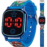 Super Mario Kids Touch-Activated LED Watch - Digital Time Display, Blue Alloy Case, Soft Silicone Strap, Fun Mario & Luigi Design - Fits Wrists 5.5" to 8"