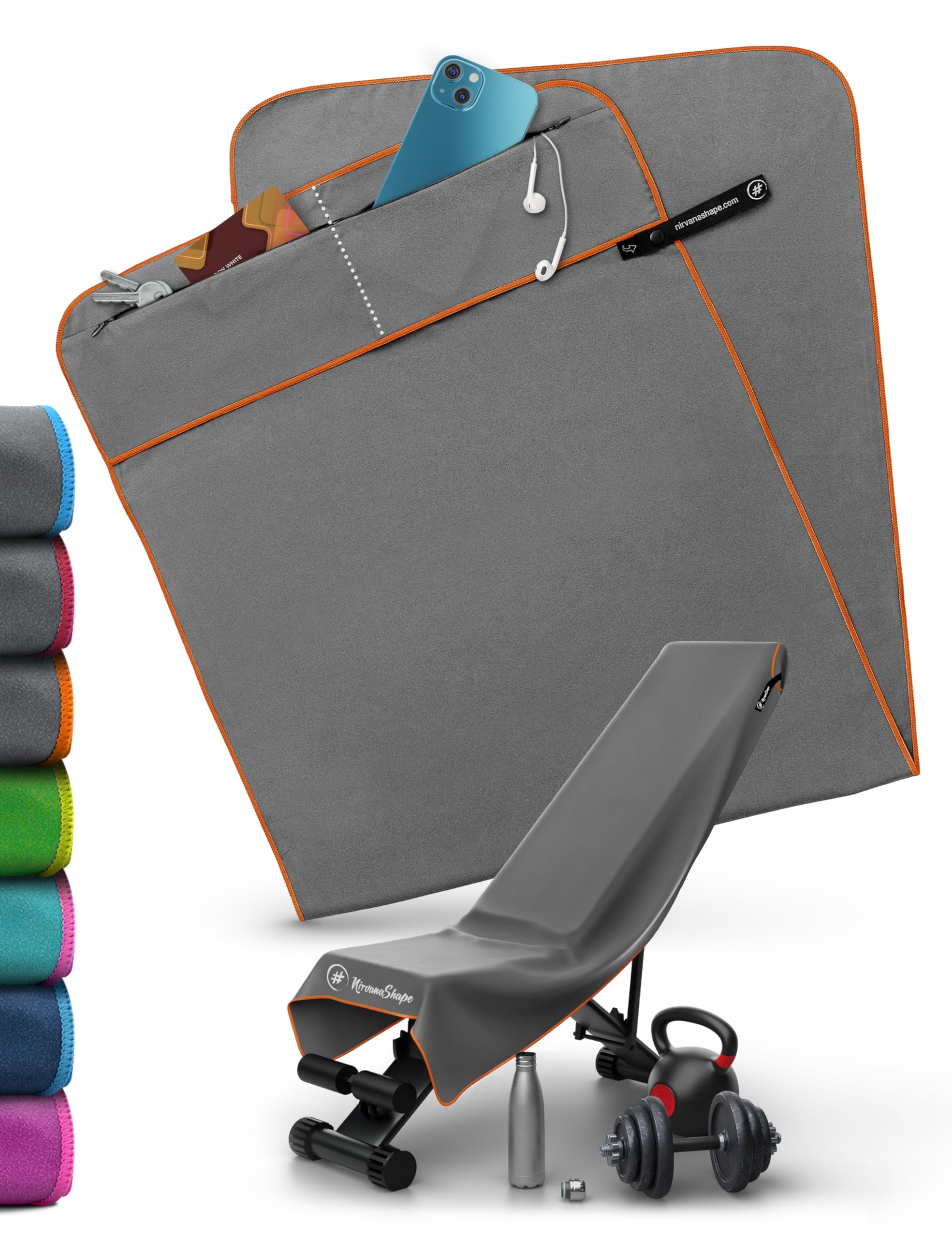 NirvanaShape Gym Towel | Microfibre Gym Towel with Magnetic Clip | Absorbent & Quick-Drying | 125 x 48 cm | Grey with Blue Trim