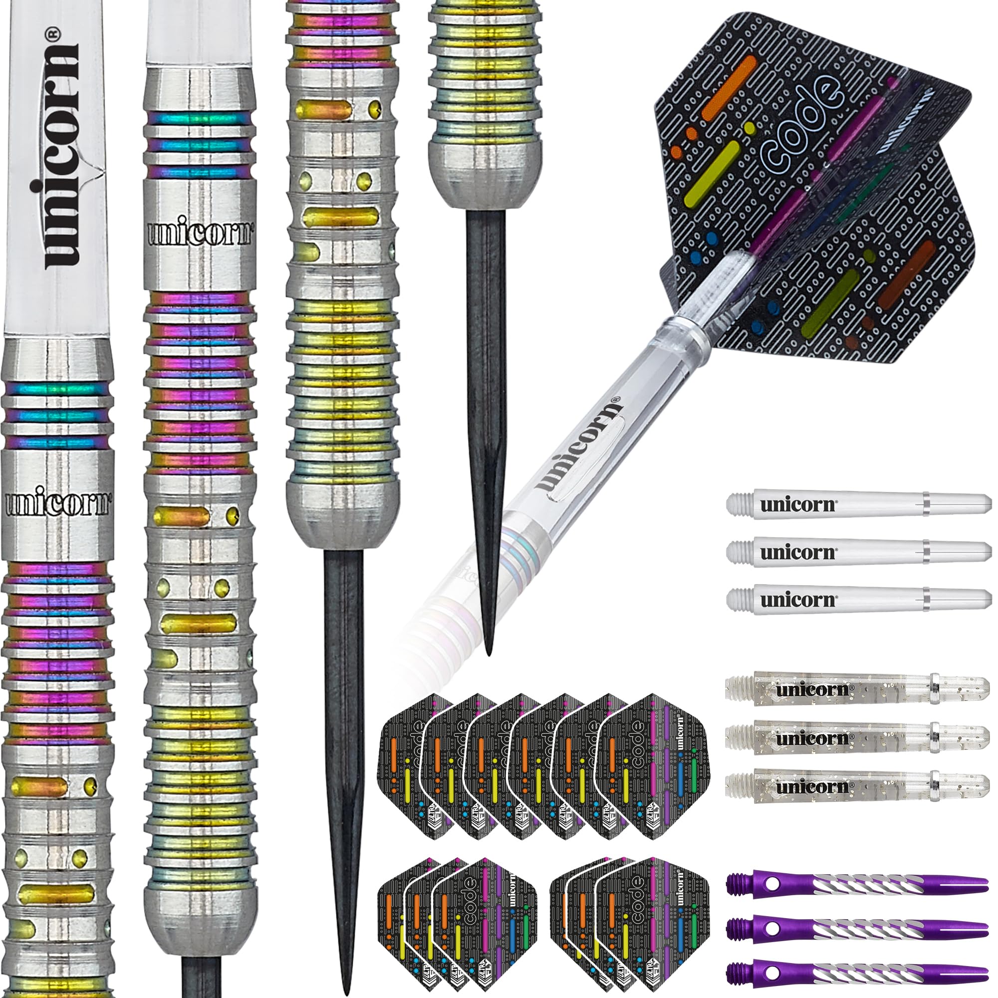 Unicorn Steel Tip Professional Darts Set | Chris 'Hollywood' Dobey Code Players DNA | 90% Natural Tungsten Barrels with Multicolour Titanium Accents | 21 g