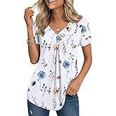 Zeagoo V Neck Short Sleeve Shirts for Women Dressy Casual Blouses Pleated Summer Tunic Tops