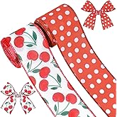 2 Rolls 10 Yards Cherry Wired Edge Ribbon 2.5 Inch Summer Fruit Craft Fabric Ribbon Red White Polka Dot Burlap Ribbon for Gift Wrapping DIY Wreath Bow Making Farmhouse Party Decoration