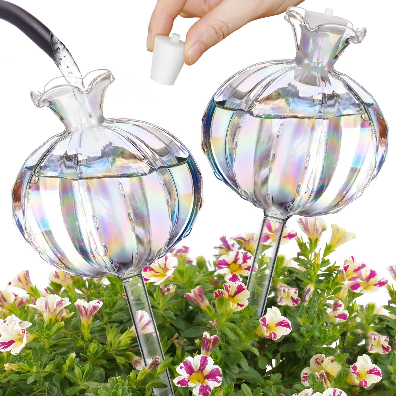 NiHome Large Plant Watering Globes 2-Pack, Iridescent Glass Cactus Self Watering Globe, Glass Waterer for Potted Plants - 4.7OZ/140 ML Capacity Automatic Irrigation System, Adorable Gardening Gift