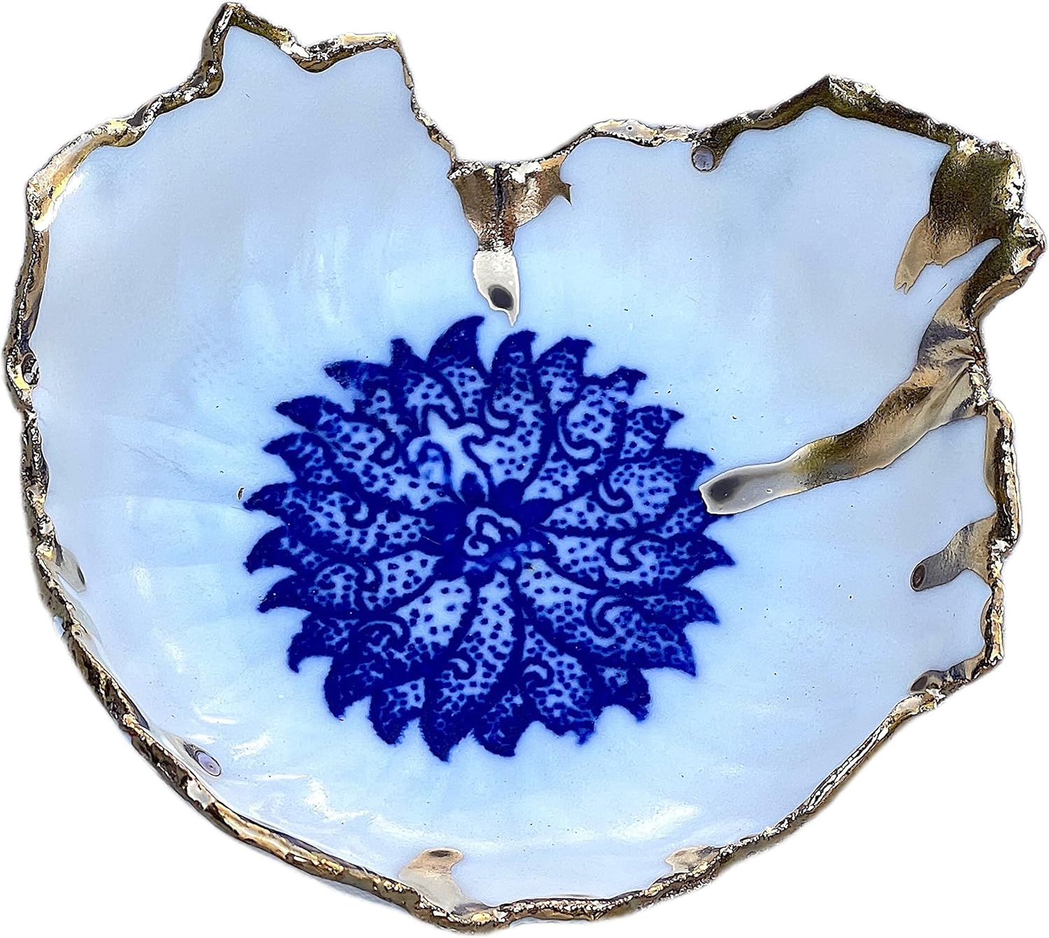 Photographs - Decorative Blue and Gold Lotus Flower Ring Dish, Handmade Ceramic Jewelry Bowl, Gifts for Women and Men-Stock Photo, please read description